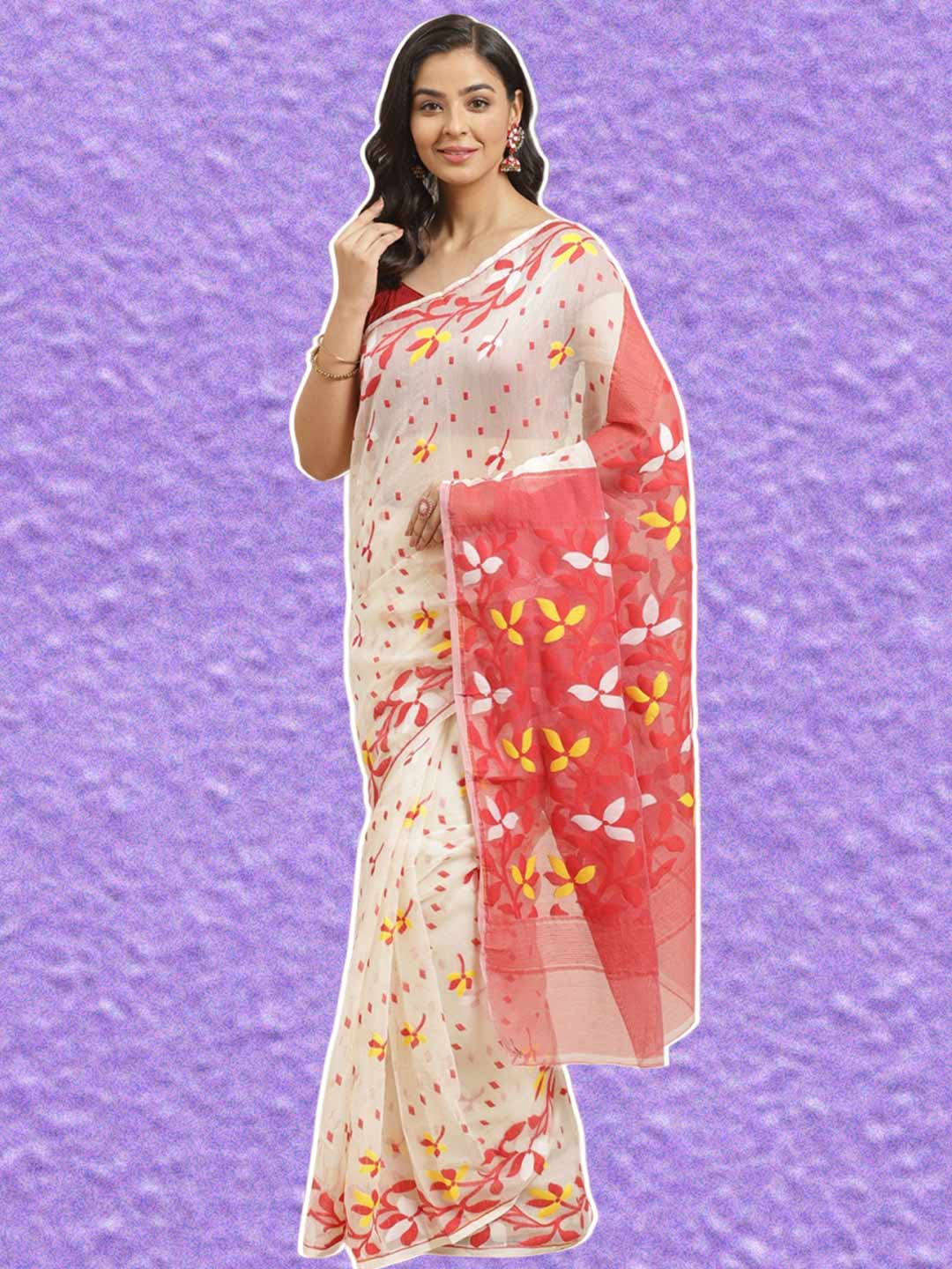 Dhakai Jamdani White Saree With Red Border