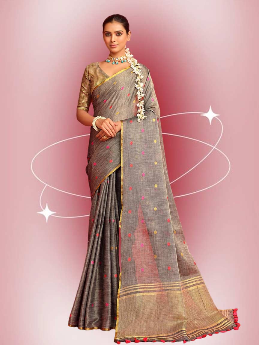 Golden Contrast Blouse For Grey Saree