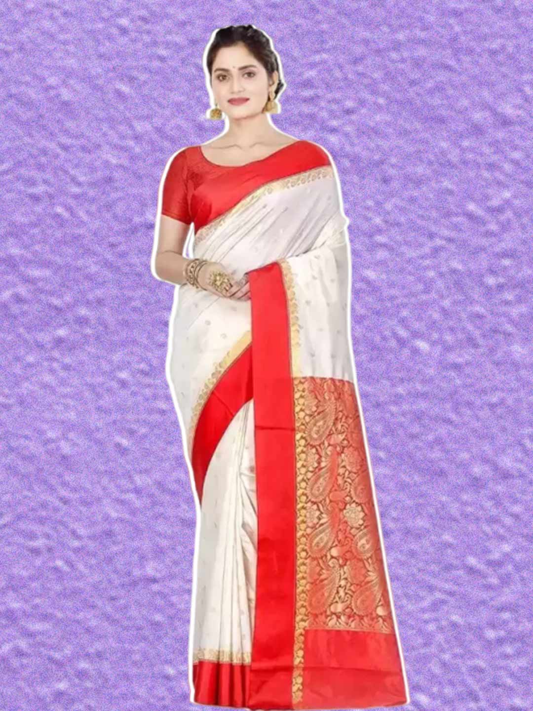 Kanjivaram Pure Silk White Saree With Red Border