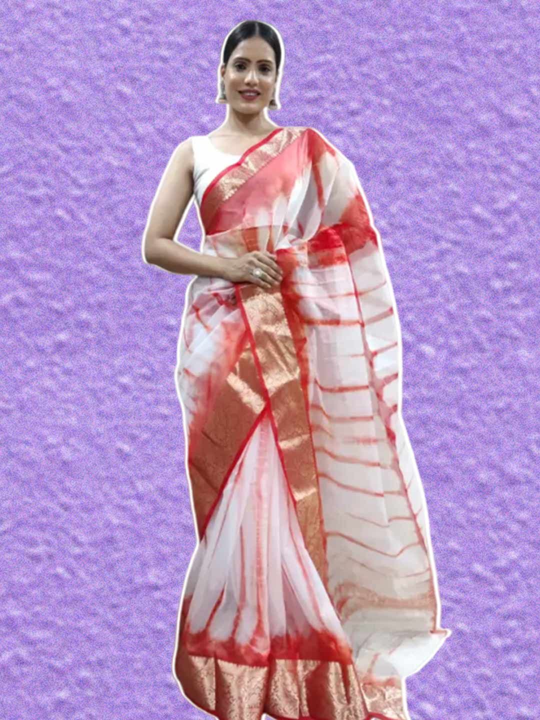 Organza White Saree With Red Border