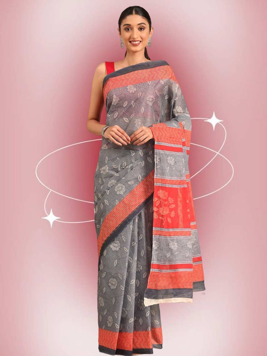 Red Contrast Blouse For Grey Saree