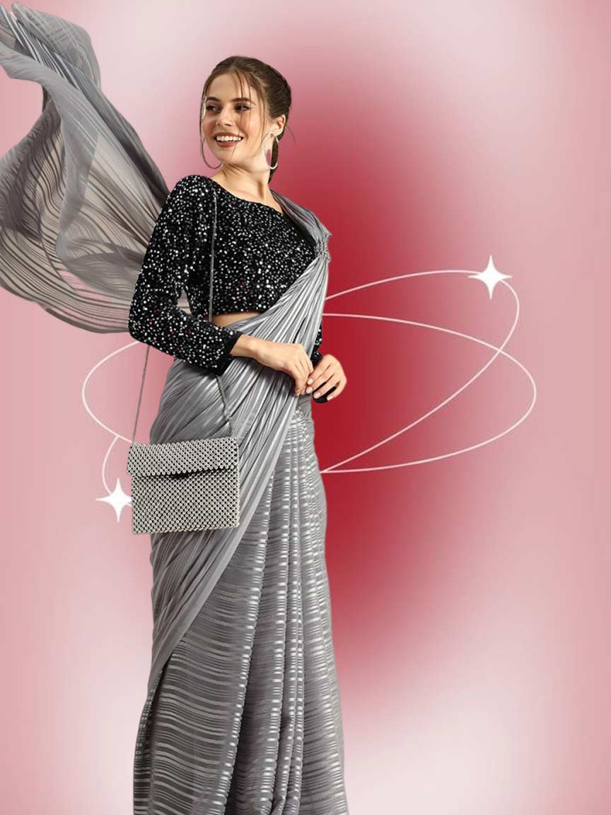 Sequin Black Contrast Blouse For Grey Saree