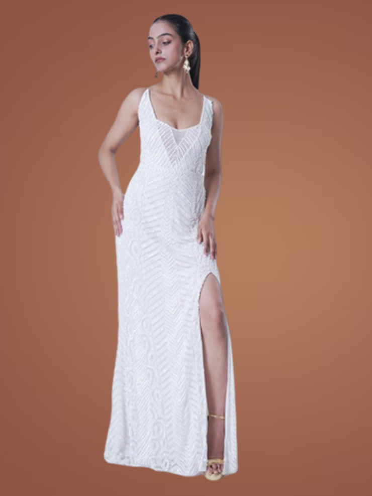 Net Sequin White Engagement Gown