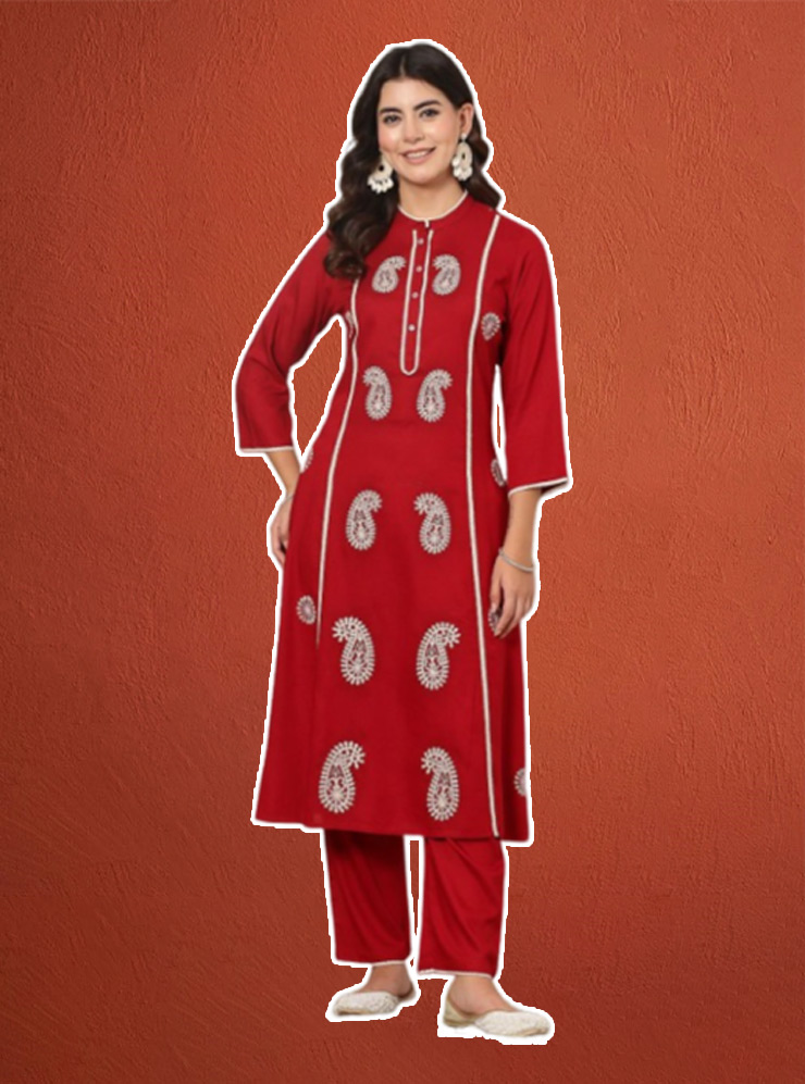 Paisley Collar Red Kurta Set