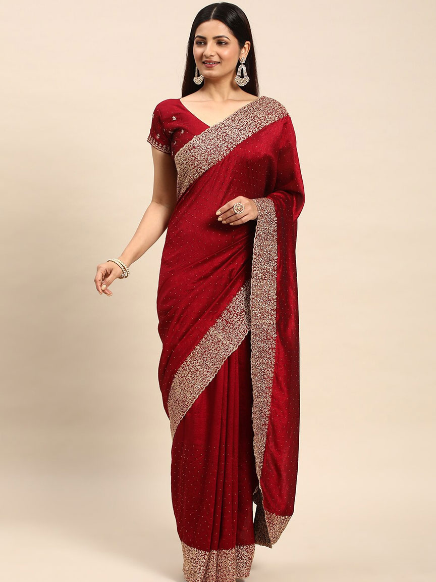 Embroidered Red Silk Saree