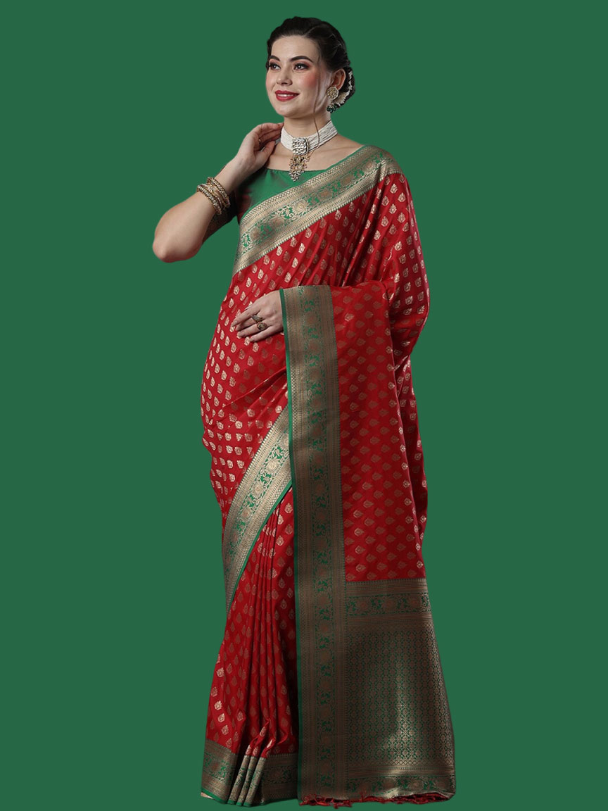 Red Silk Saree With Green Border