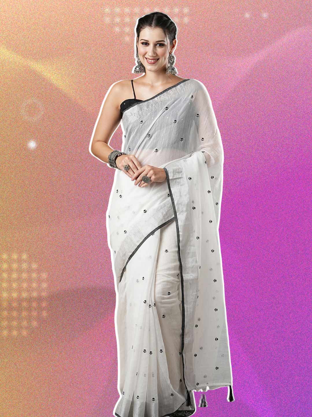 Black Contrast Blouse Design For White Saree