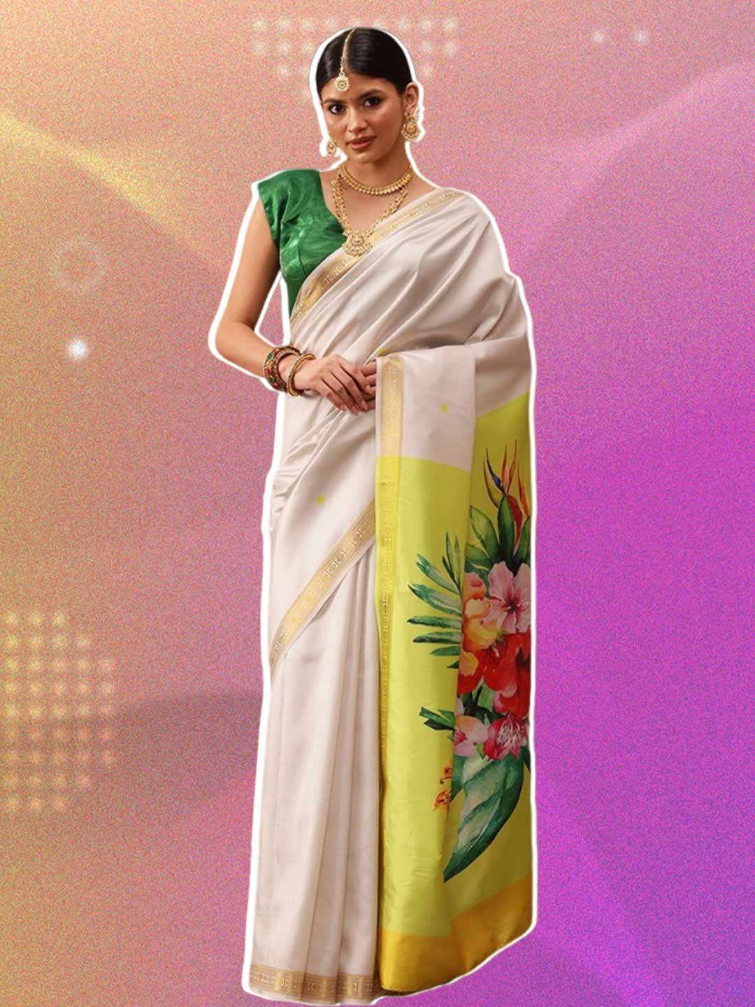 Green Contrast Blouse Design For White Saree