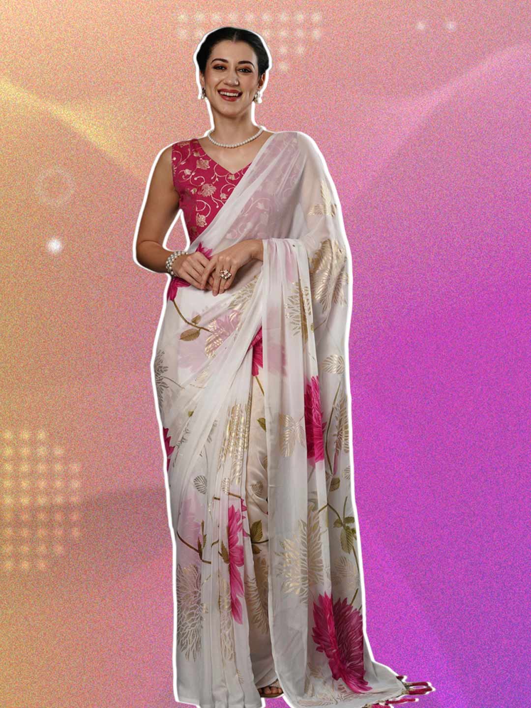 Pink Contrast Blouse Design For White Saree