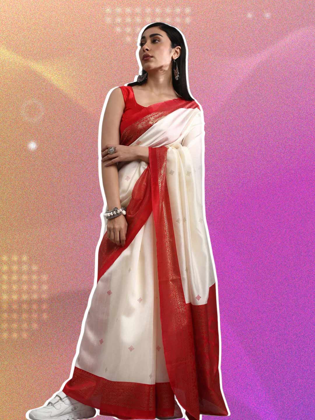 Red Contrast Blouse Design For White Saree