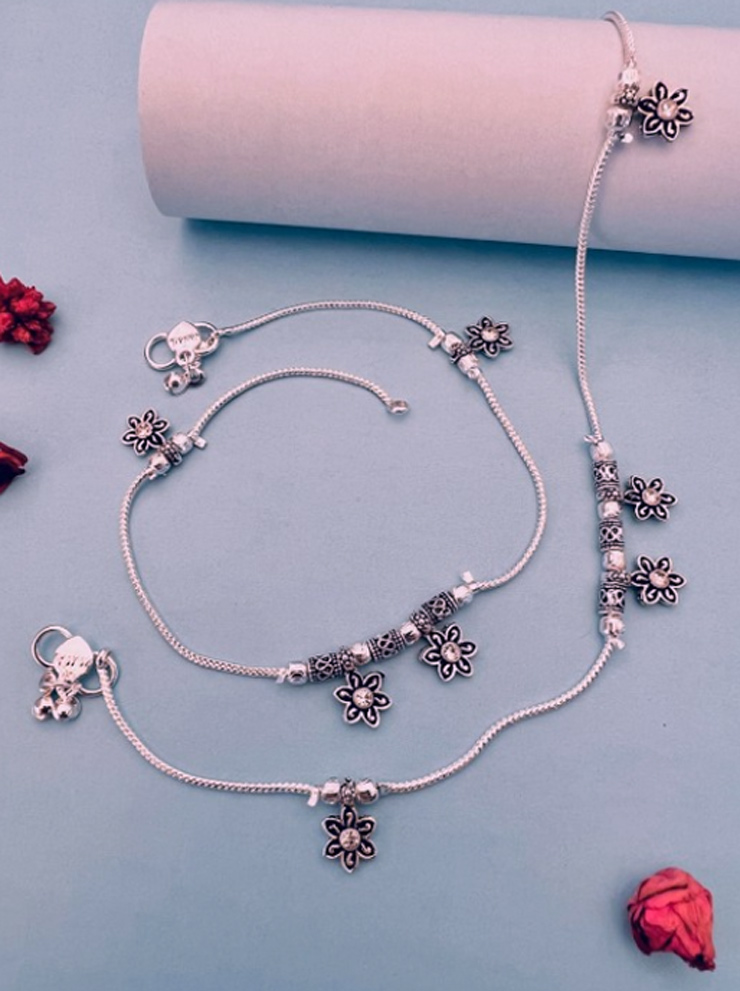 Silver Stones And Beads Anklets