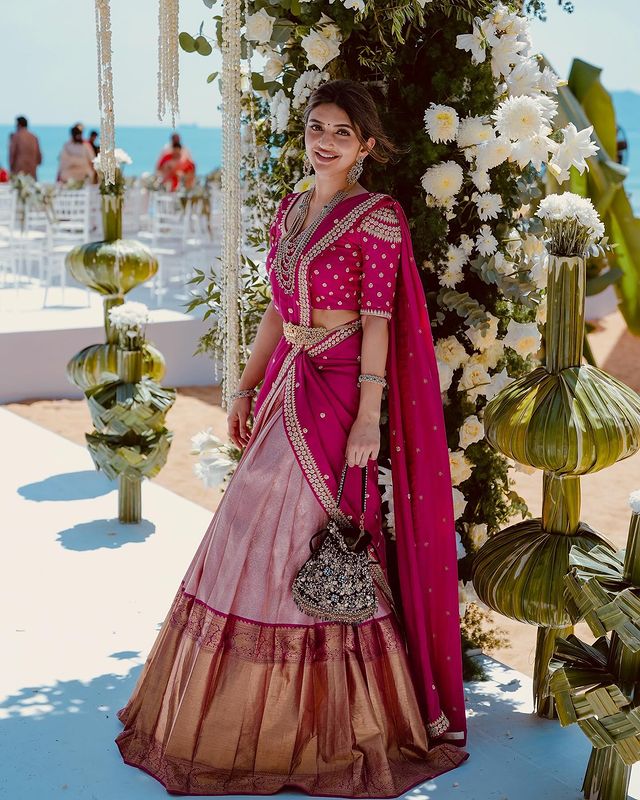 Sreeleela In Pink Kanchipuram Lehenga