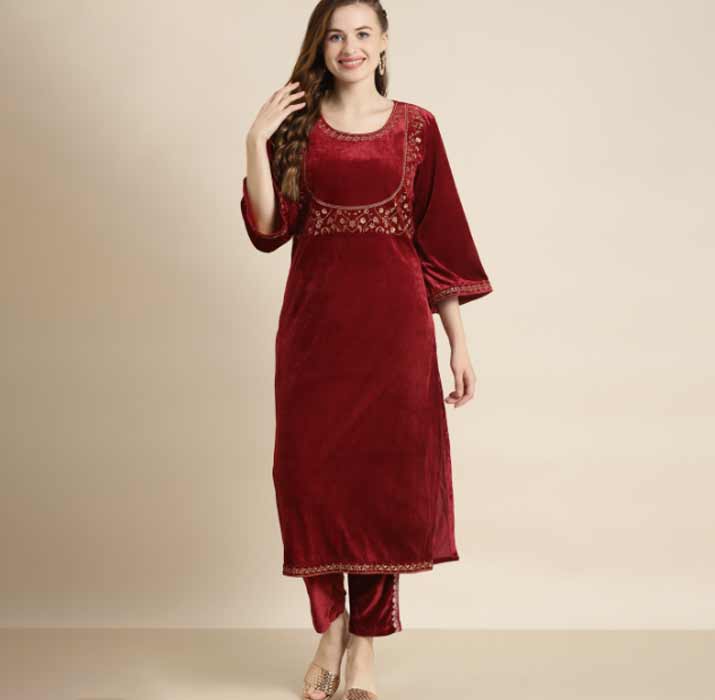 Maroon Plain Velvet Suit Design