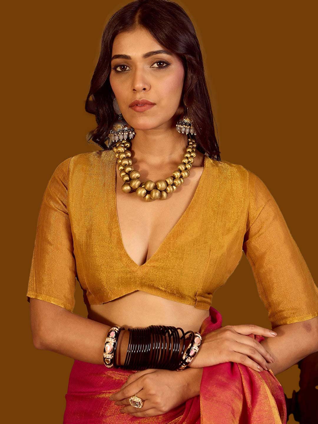 Pink Tissue Saree Contrast Blouse Design