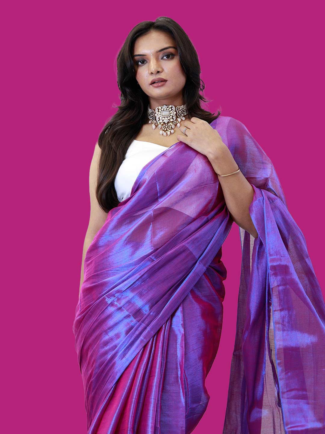 Purple Tissue Saree Contrast Blouse Design