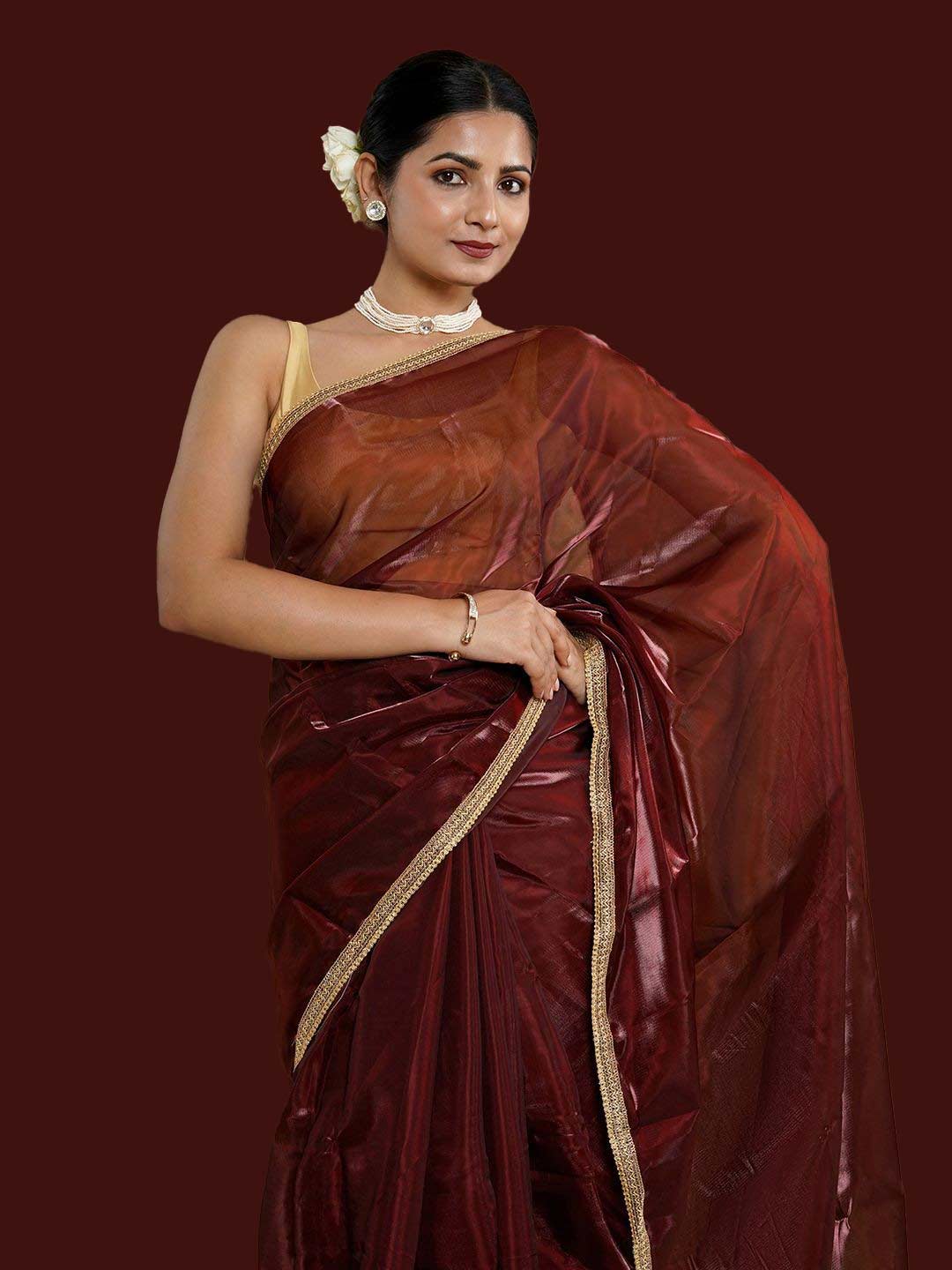 Zari Tissue Saree Contrast Blouse Design