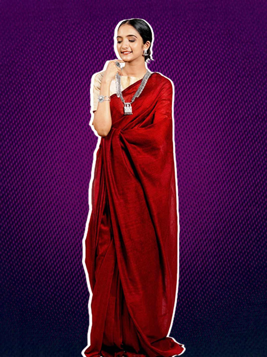 Cream Contrast Blouse With Maroon Saree