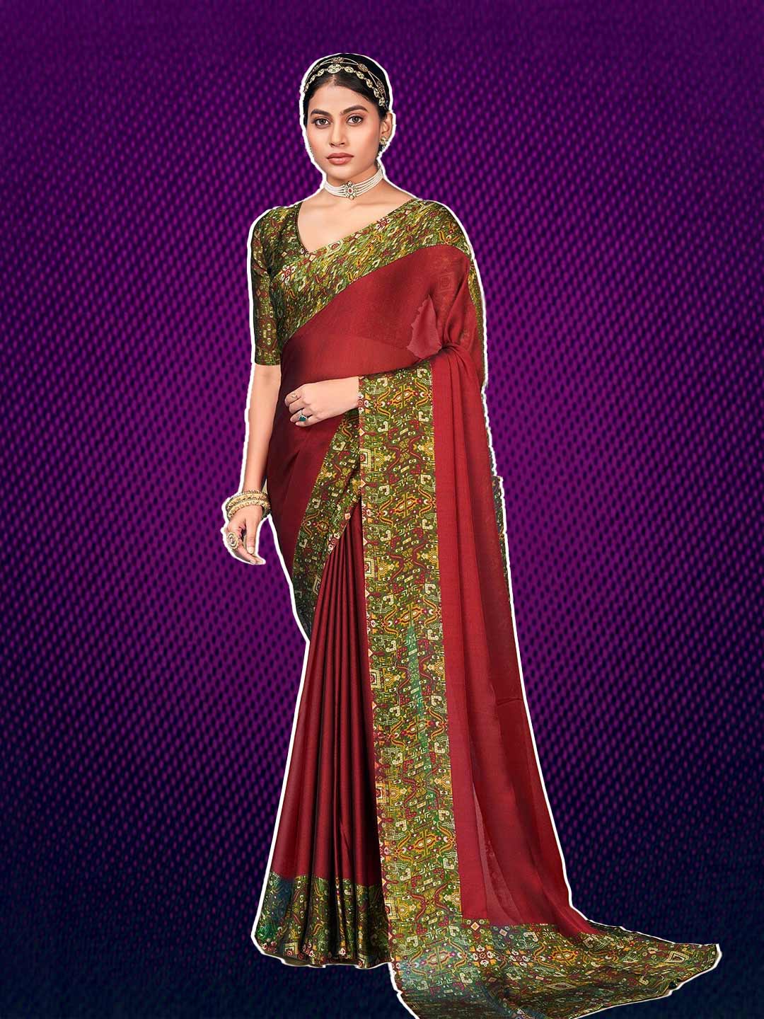 Green Contrast Blouse With Maroon Saree