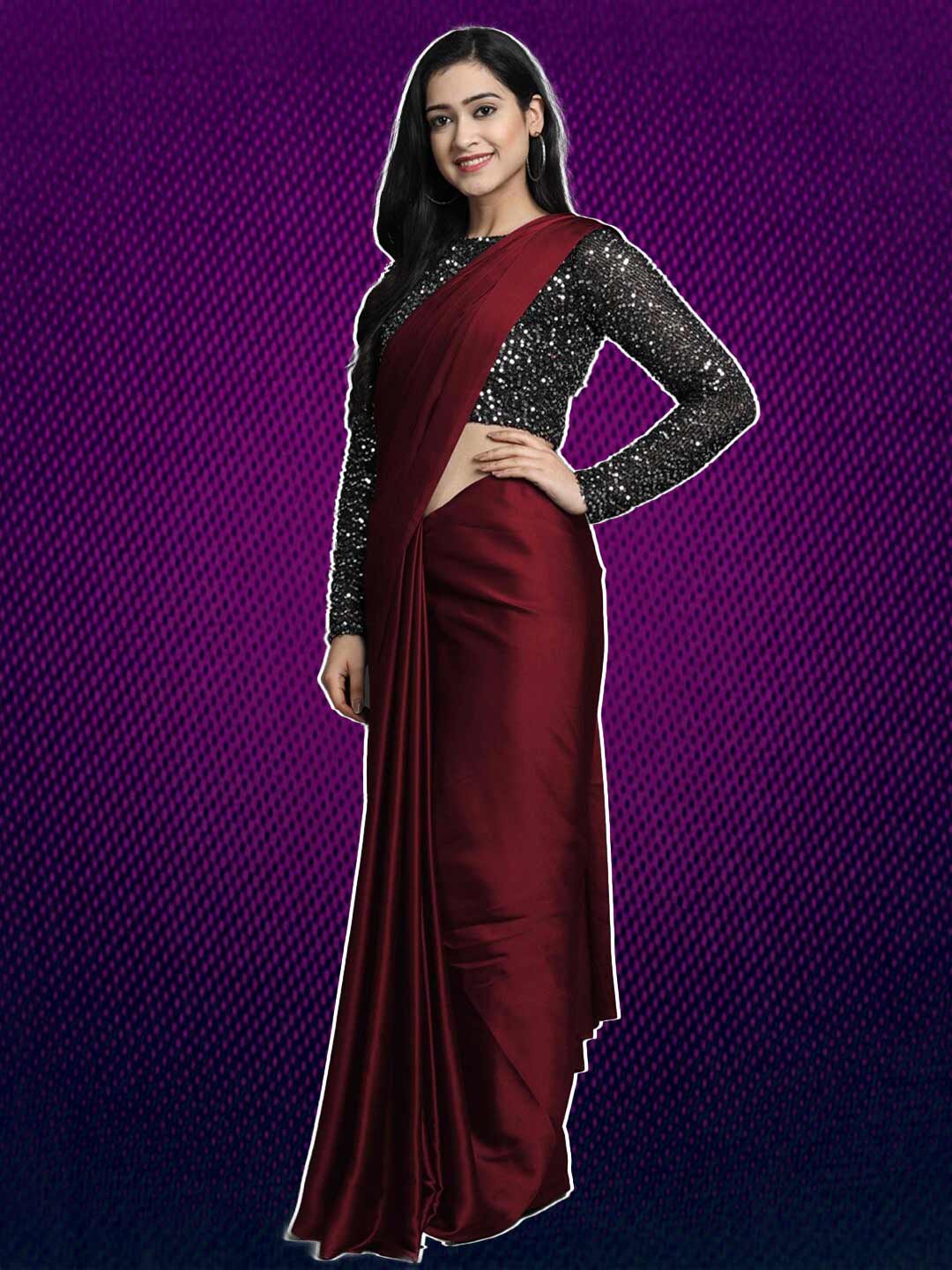 Silver Sequin Contrast Blouse With Maroon Saree