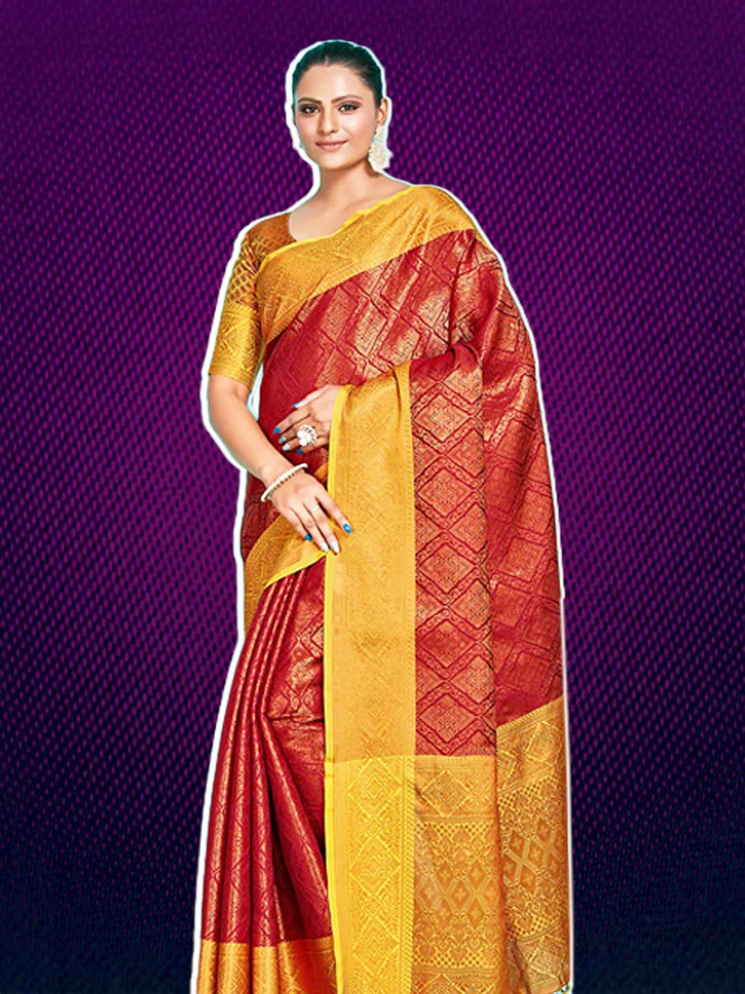 Yellow Contrast Blouse With Maroon Saree