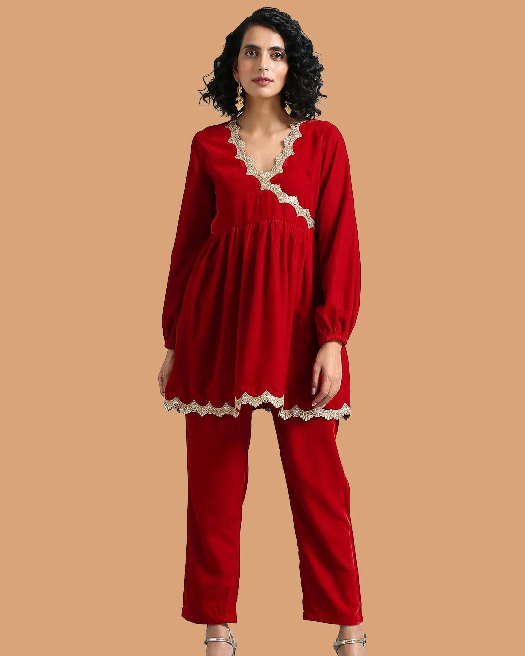 Fit And Flare Red Velvet Winter Co-ord Set