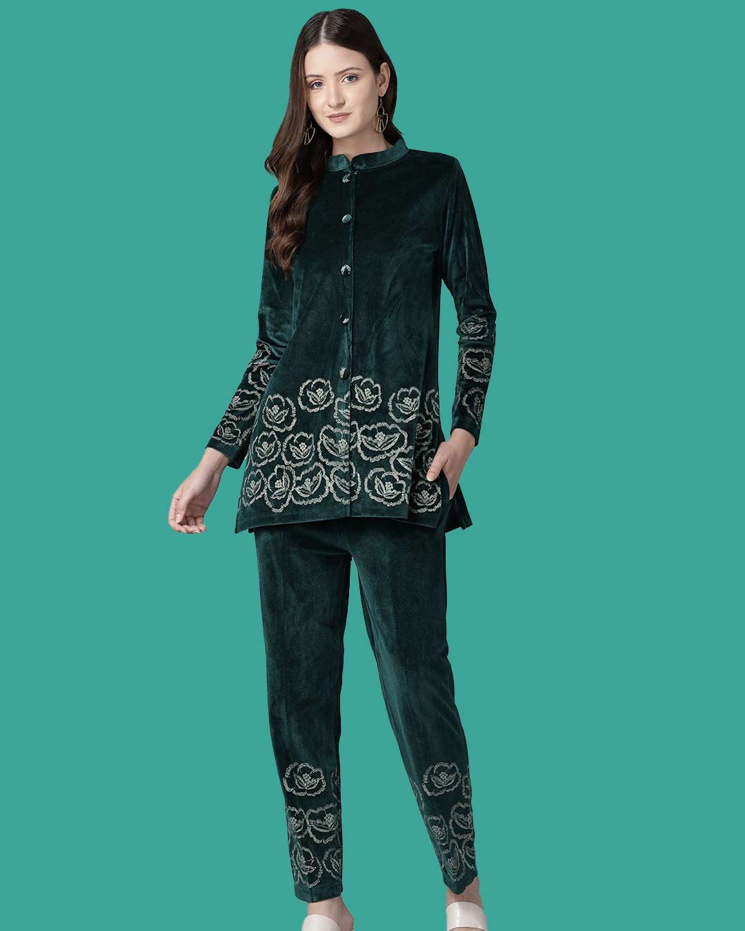 Green Embroidered Winter Co-ord Set