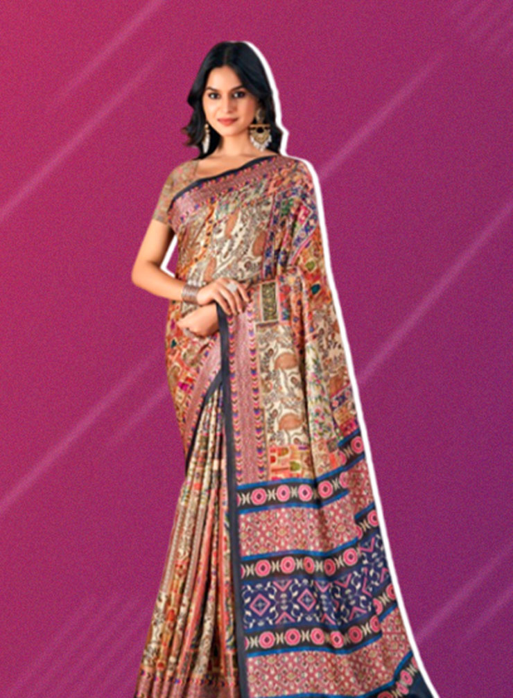 Multicoloured Floral Printed Pashmina Saree Design