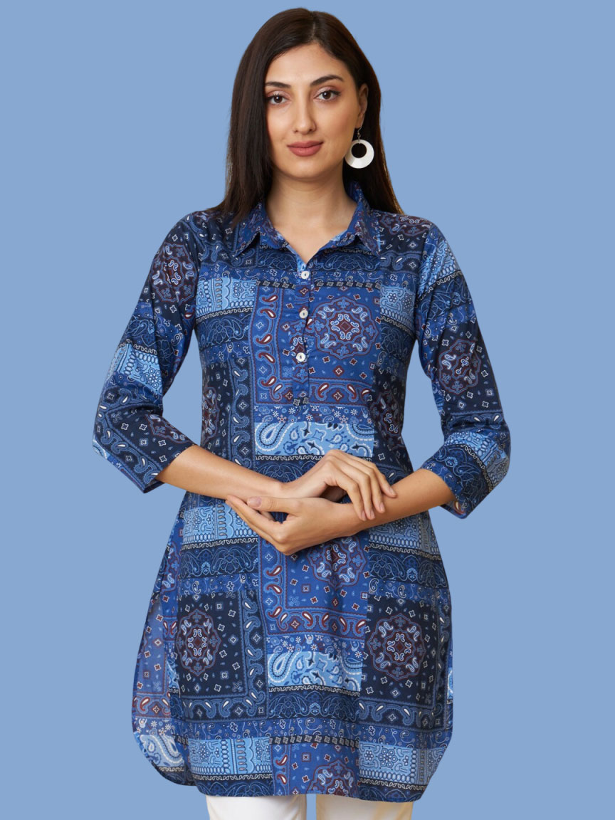 Printed Collar Neck Suit Design For Women With Heavy Bust