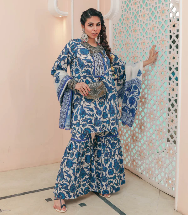 Blue And White Printed Gharara Kurti Design