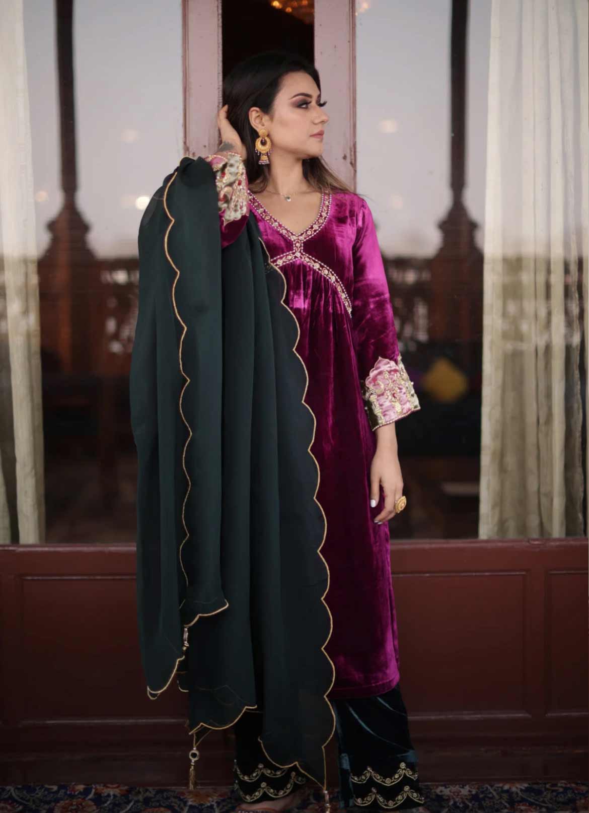 Magenta Pink Silk Velvet Anarkali Suit Design