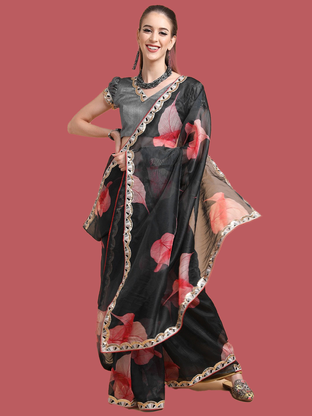 Floral Black Sequin Border Organza Jimmy Choo Saree Design