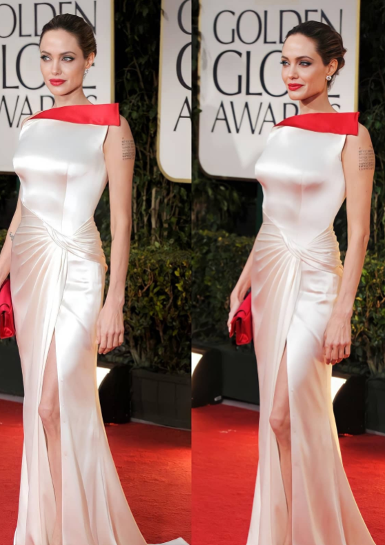 angelina jolie's red and white side slit gown