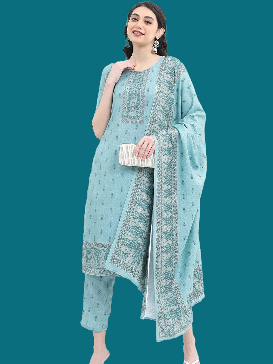 Blue Ethnic Motif Printed Pashmina Kashmiri Suit