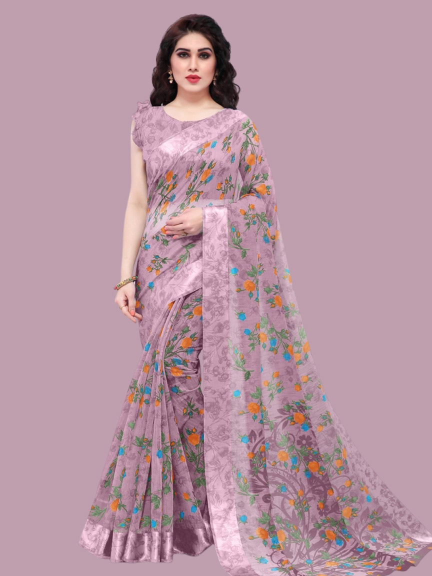 Floral Printed Purple Pastel Saree Design