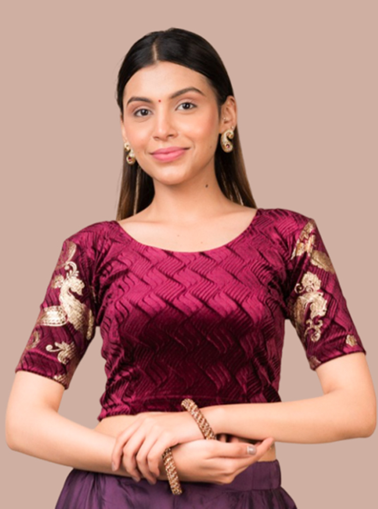 Maroon Embroidered Velvet Designer Blouse