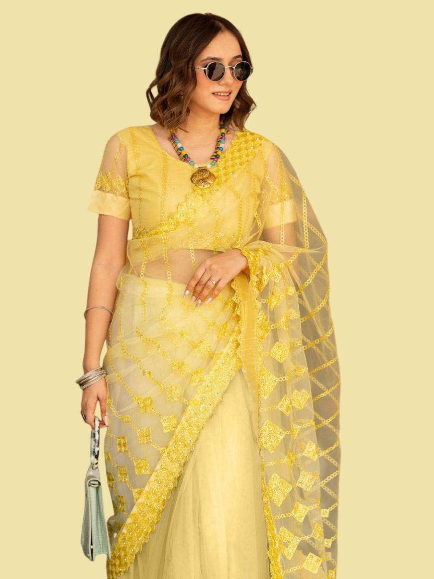 Net Yellow Pastel Saree Design