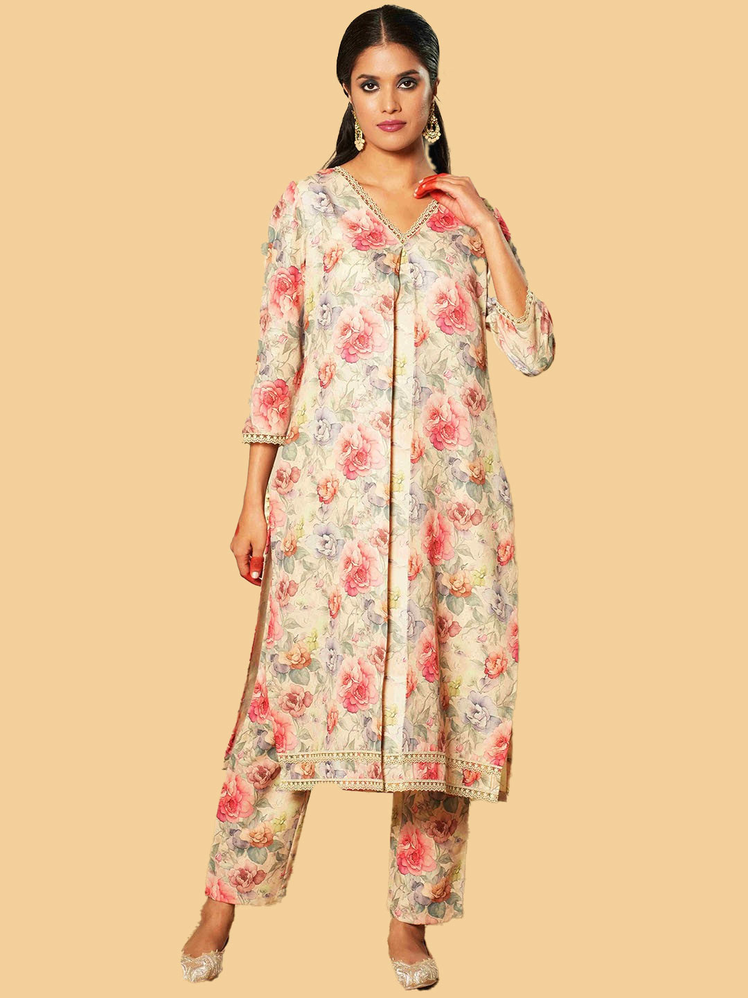 Pink White Rose Printed Pashmina Kashmiri Suit