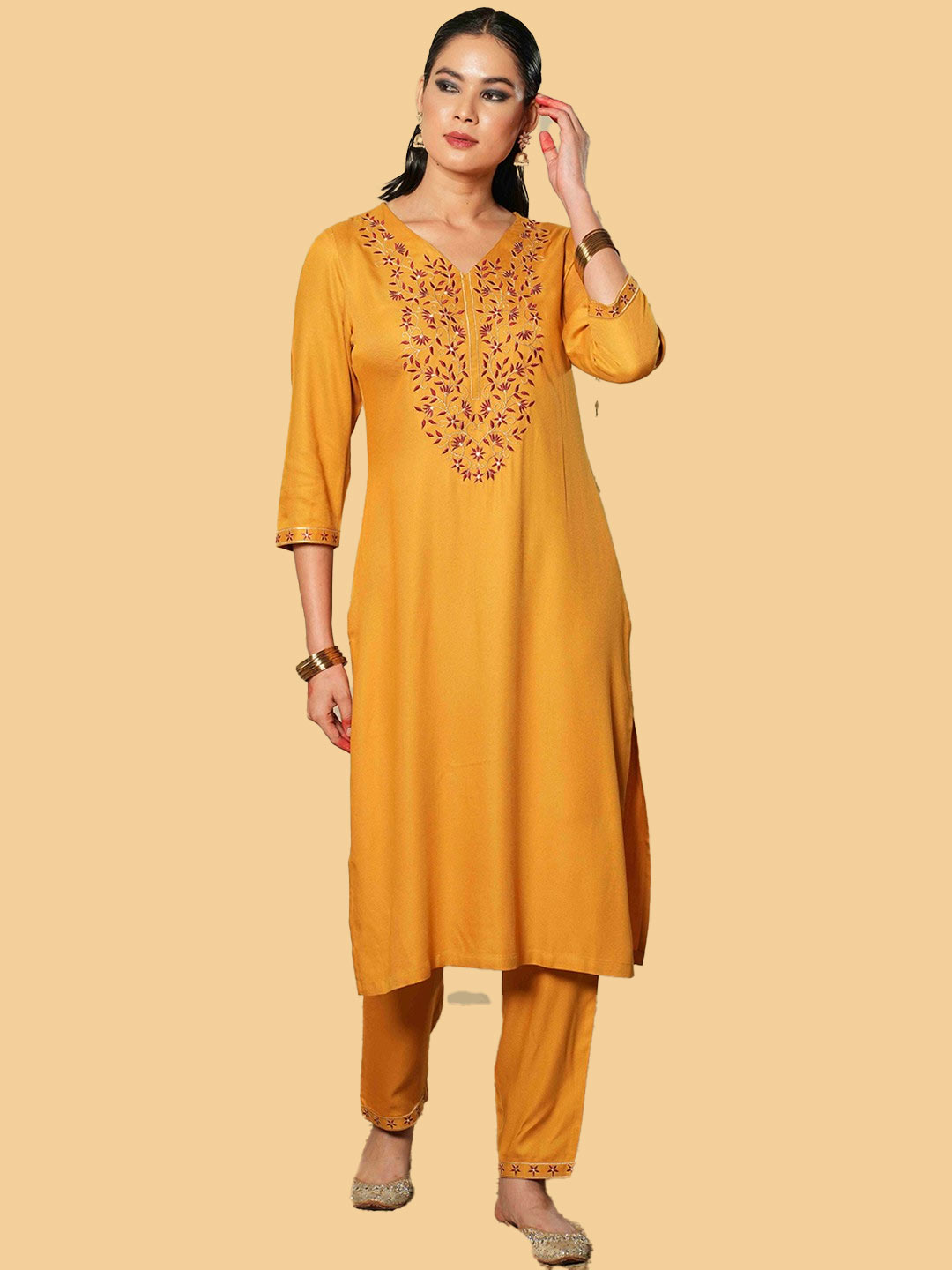 Red Threadwork Yellow Pashmina Kashmiri Suit