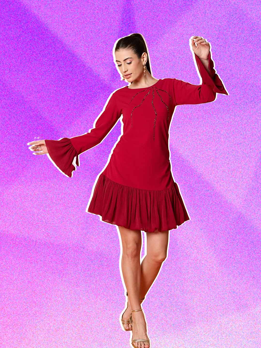 Bell Sleeves Chiffon Short Christmas Red Dress