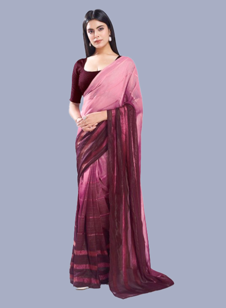 Maroon Contrast Blouse Design With Baby Pink Saree