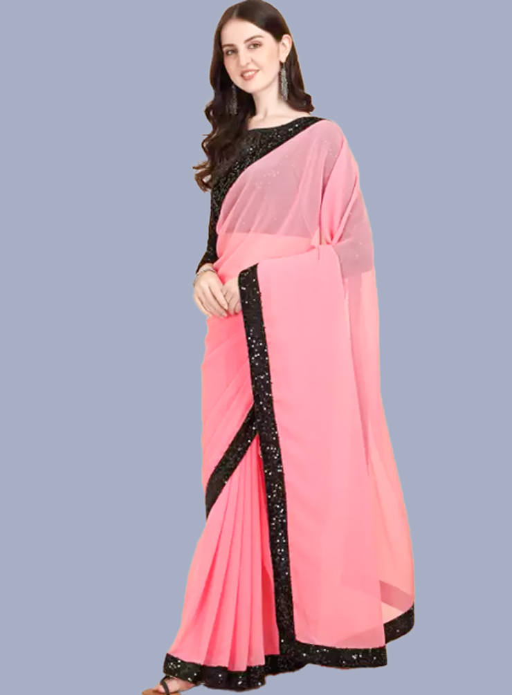 Sequin Black Contrast Blouse Design With Baby Pink Saree