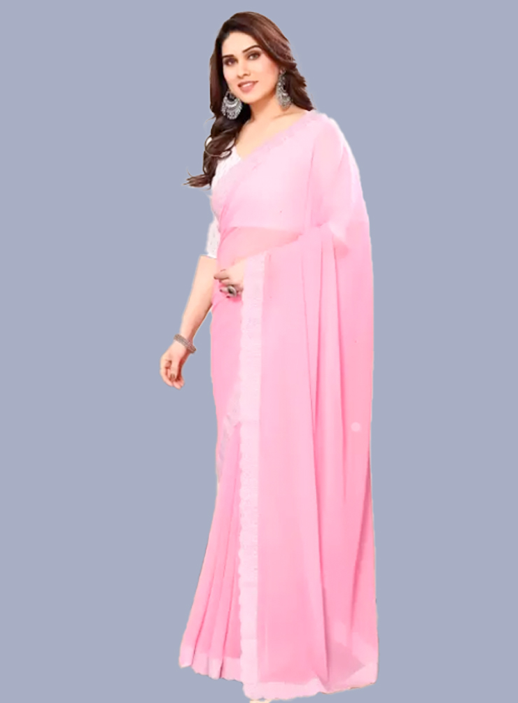 White And Silver Contrast Blouse Design With Baby Pink Saree