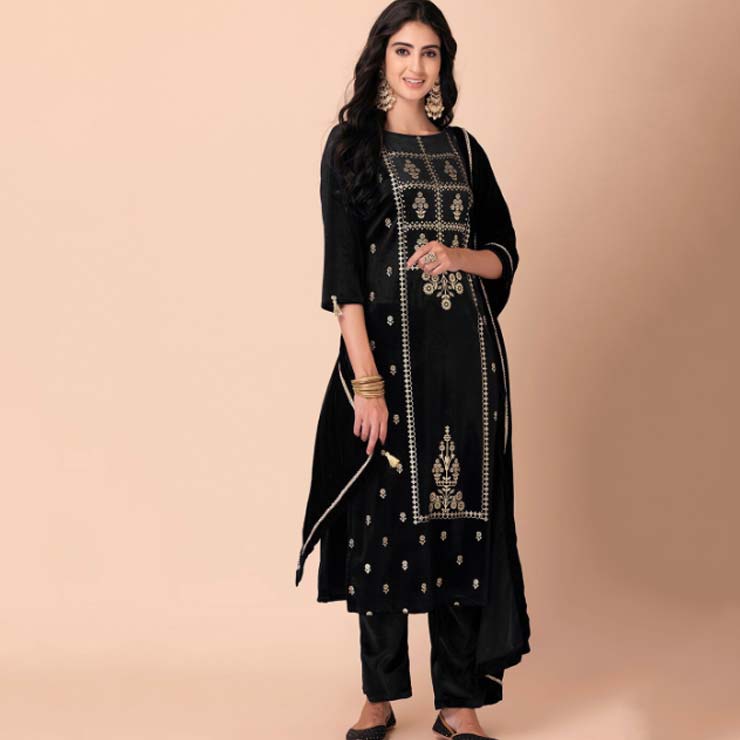 Black Printed Velvet Suit Design