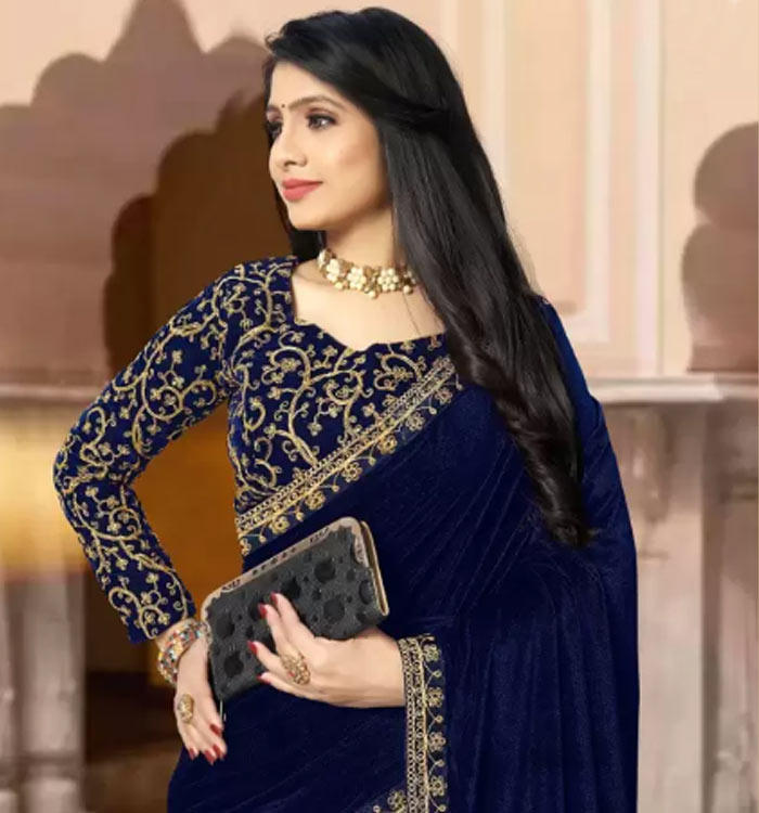 Blue Embroidered Velvet Saree