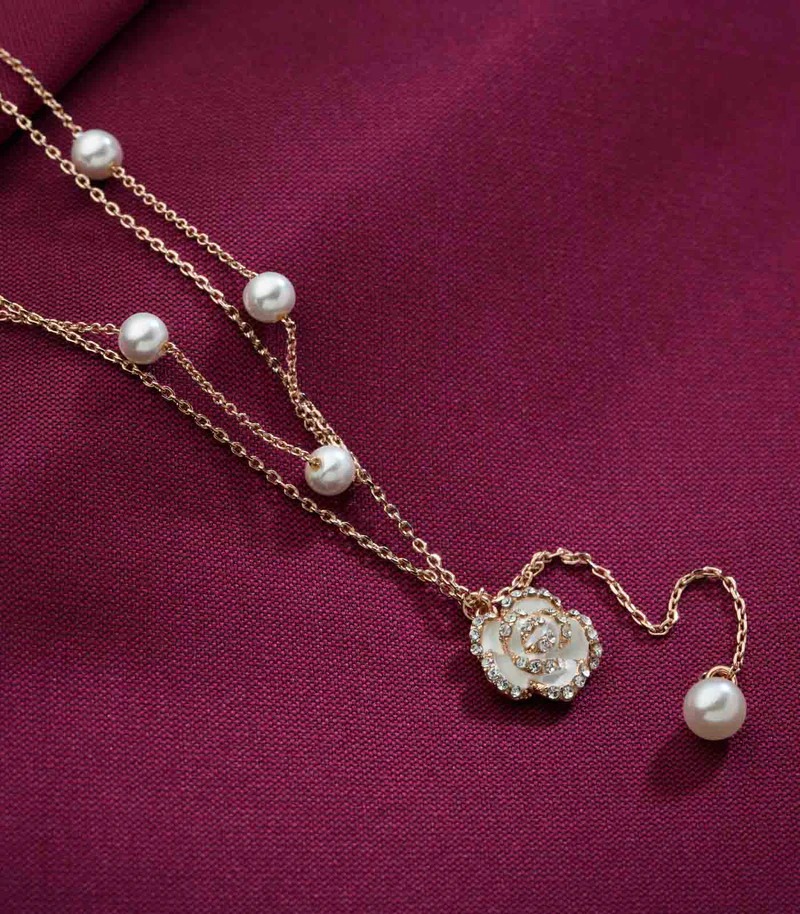 Dangling White Rose And Pearl Necklace (Brass) by Gargi