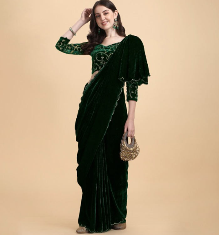 Dark Green Velvet Saree With Scalloped Border