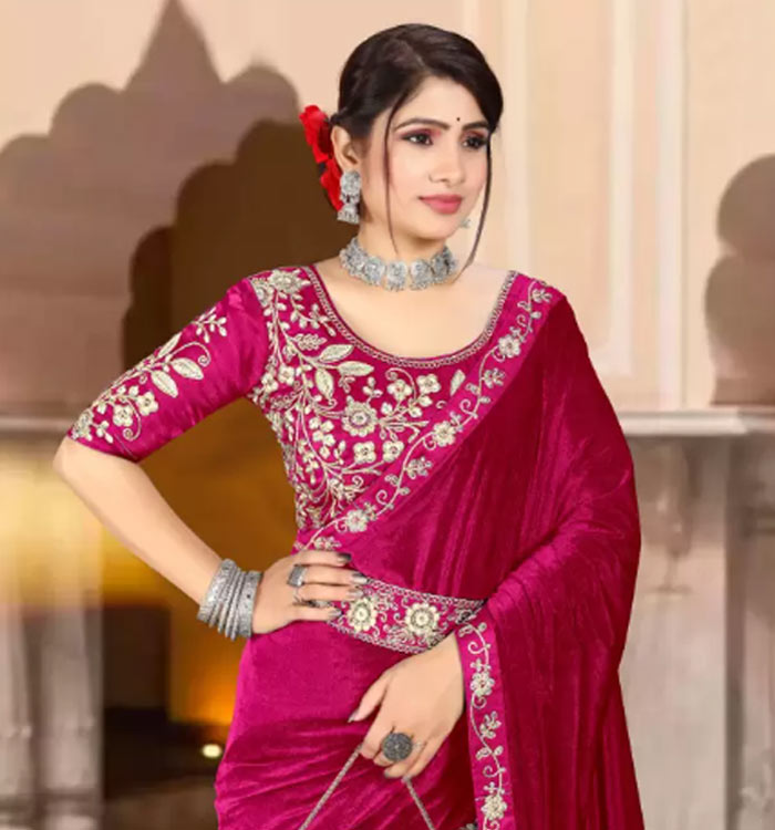 Magenta Pink Velvet Saree With Floral Embroidered Border