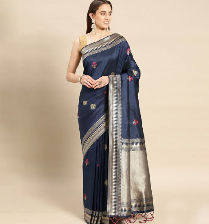 Pure Silk Royal Blue Saree With Cream Contrast Blouse