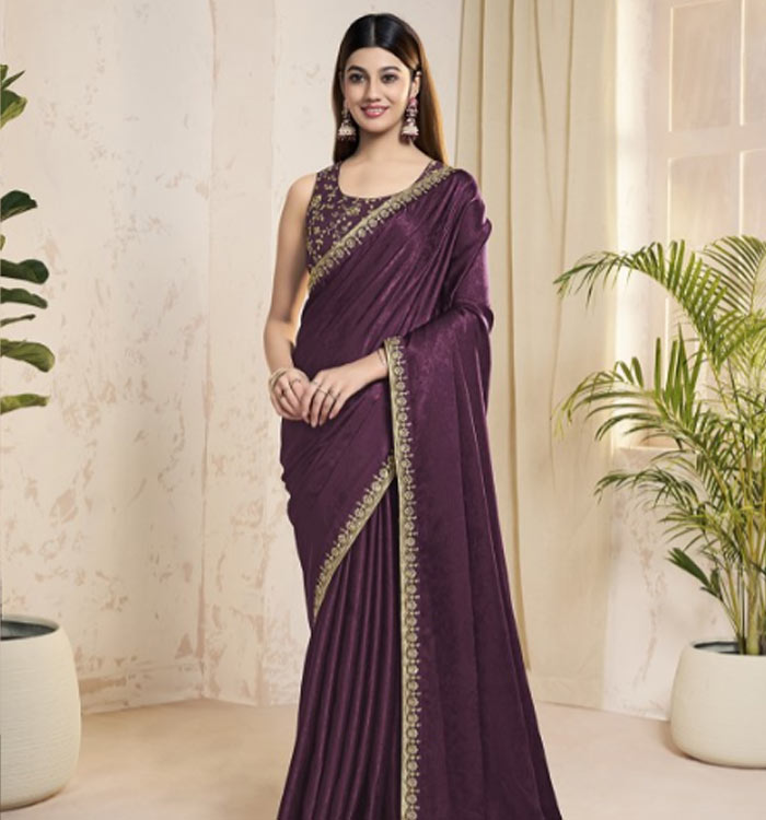Purple Velvet Saree With Embroidered Border