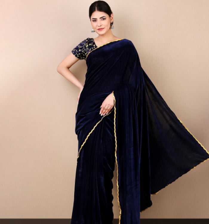 Royal Blue Velvet Saree With Golden Border